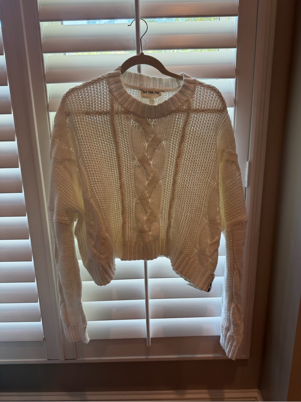 Free People Ivory Cable Knit Cropped Crew Sweater